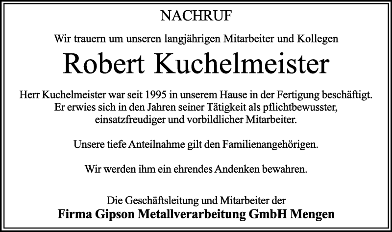  Traueranzeige für Robert Kuchelmeister vom 24.06.2013 aus Schwäbische Zeitung