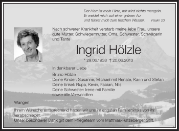 Anzeige von Ingrid Hölzle von Schwäbische Zeitung