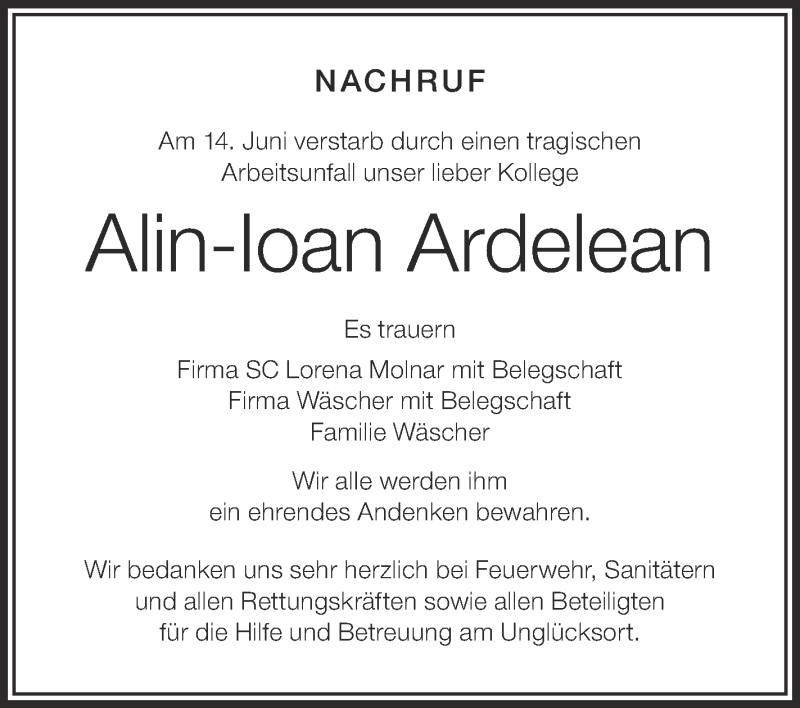  Traueranzeige für Alin-Ioan Ardelean vom 22.06.2013 aus Schwäbische Zeitung