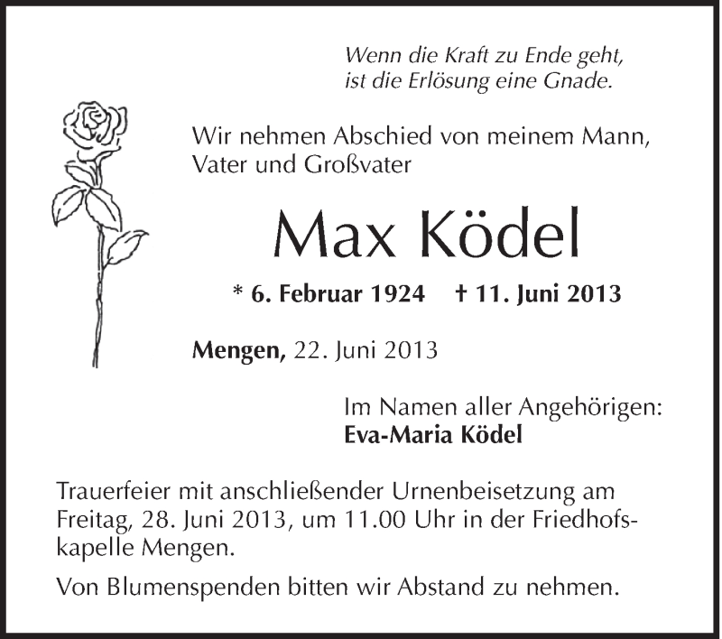  Traueranzeige für Max Ködel vom 22.06.2013 aus Schwäbische Zeitung