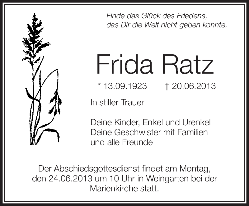  Traueranzeige für Frida Ratz vom 22.06.2013 aus Schwäbische Zeitung