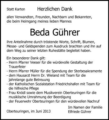 Anzeige von Beda Gührer von Schwäbische Zeitung