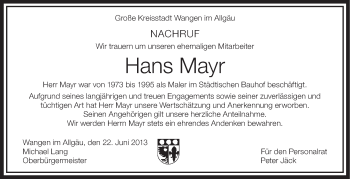 Anzeige von Hans Mayr von Schwäbische Zeitung