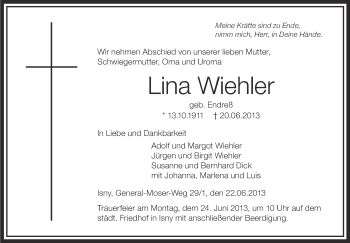 Anzeige von Lina Wiehler von Schwäbische Zeitung