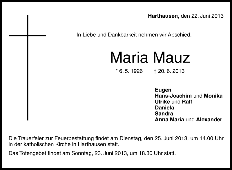  Traueranzeige für Maria Mauz vom 22.06.2013 aus Schwäbische Zeitung