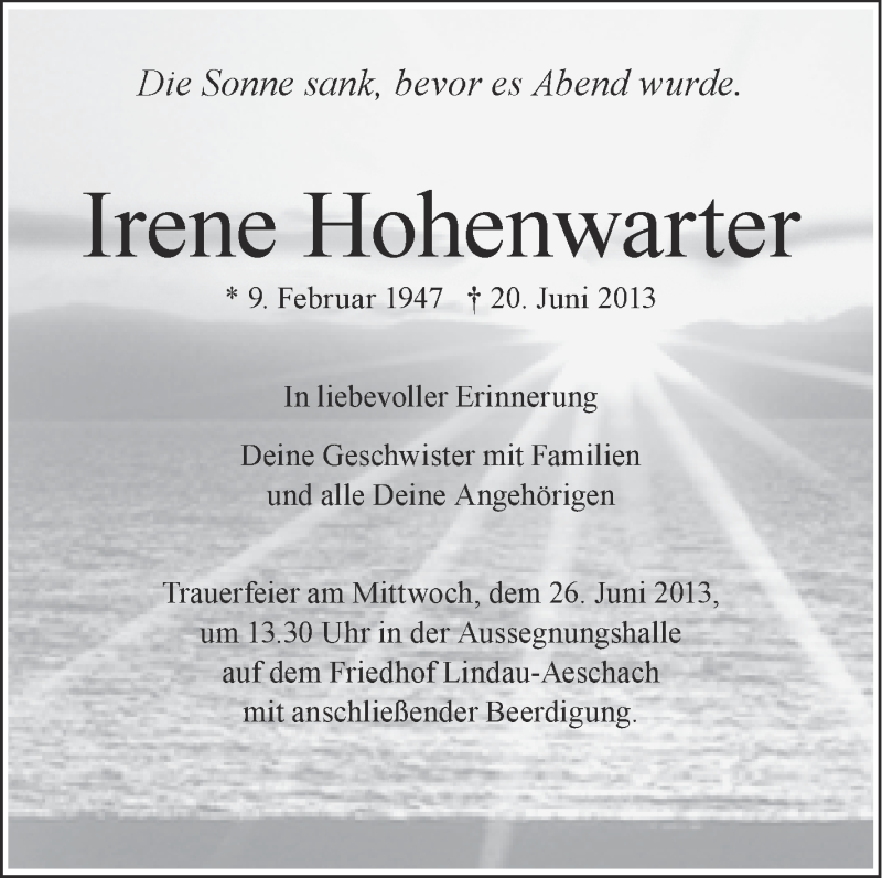  Traueranzeige für Irene Hohenwarter vom 24.06.2013 aus Schwäbische Zeitung