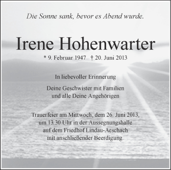Anzeige von Irene Hohenwarter von Schwäbische Zeitung