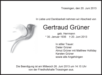Anzeige von Gertraud Grüner von Schwäbische Zeitung