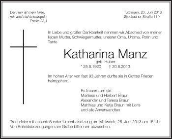 Anzeige von Katharina Manz von Schwäbische Zeitung