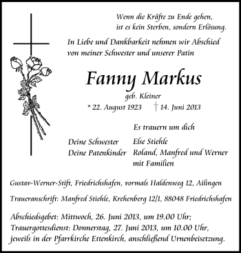 Anzeige von Fanny Markus von Schwäbische Zeitung