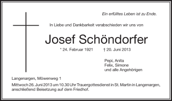 Anzeige von Josef Schöndorfer von Schwäbische Zeitung