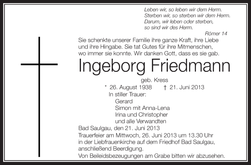  Traueranzeige für Ingeborg Friedmann vom 24.06.2013 aus Schwäbische Zeitung
