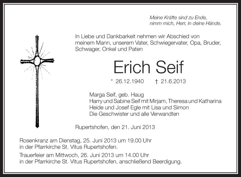  Traueranzeige für Erich Seif vom 24.06.2013 aus Schwäbische Zeitung