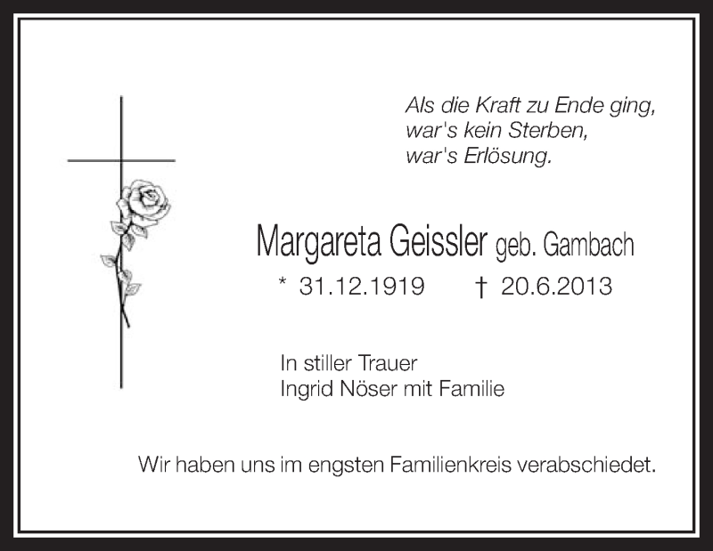  Traueranzeige für Margareta Geissler vom 26.06.2013 aus Schwäbische Zeitung