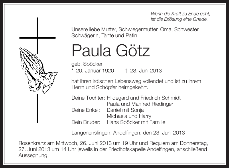  Traueranzeige für Paula Götz vom 25.06.2013 aus Schwäbische Zeitung