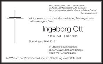 Anzeige von Ingeborg Ott von Schwäbische Zeitung
