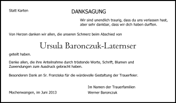 Anzeige von Ursula Baronczuk-Laternser von Schwäbische Zeitung