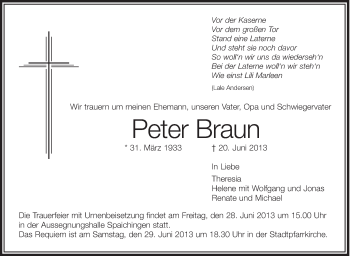 Anzeige von Peter Braun von Schwäbische Zeitung