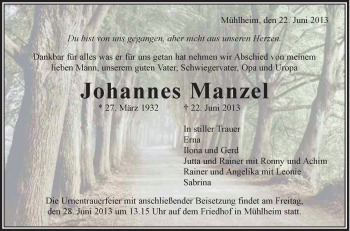 Anzeige von Johannes Manzel von Schwäbische Zeitung