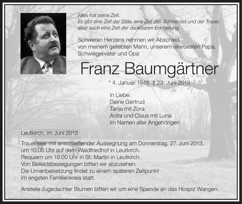  Traueranzeige für Franz Baumgärtner vom 25.06.2013 aus Schwäbische Zeitung