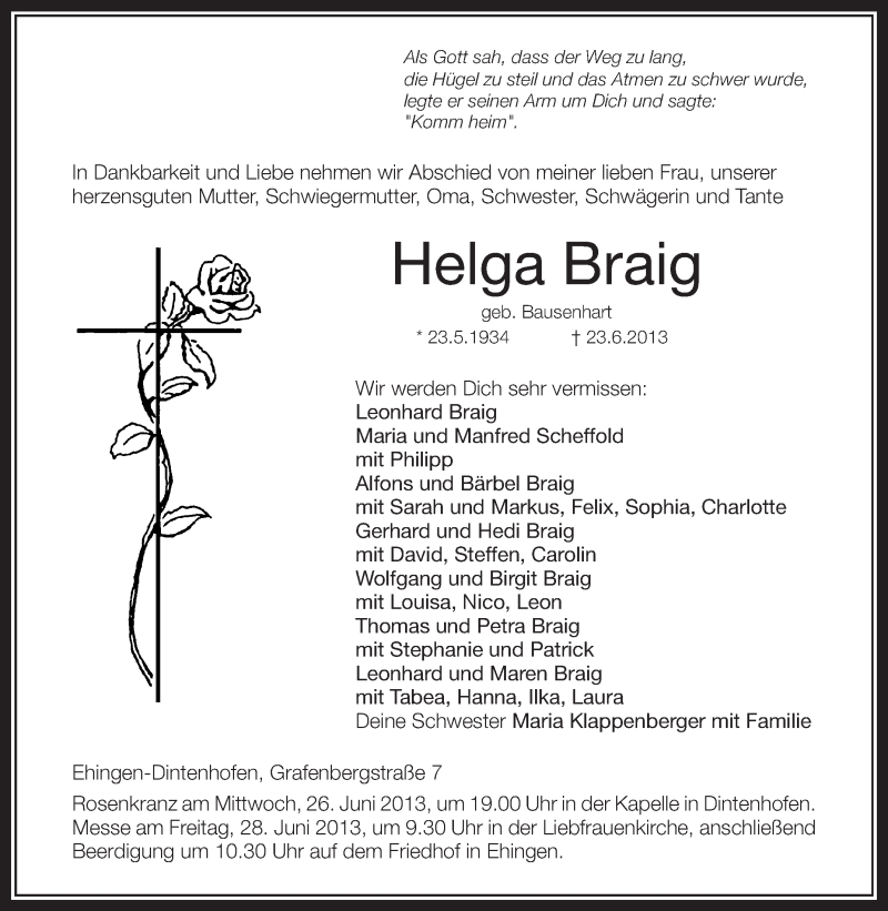  Traueranzeige für Helga Braig vom 25.06.2013 aus Schwäbische Zeitung
