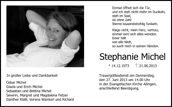 Anzeige von Stephanie Michel von Schwäbische Zeitung