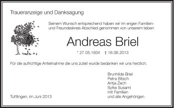 Anzeige von Andreas Briel von Schwäbische Zeitung
