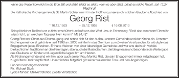 Anzeige von Georg Rist von Schwäbische Zeitung