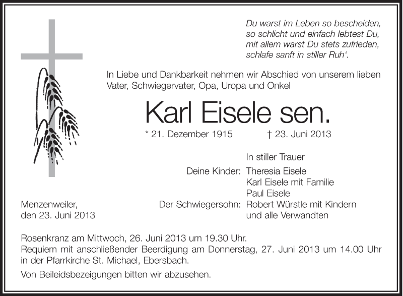  Traueranzeige für Karl Eisele vom 25.06.2013 aus Schwäbische Zeitung