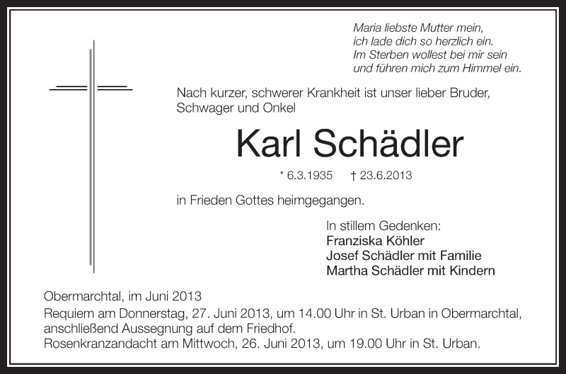  Traueranzeige für Karl Schädler vom 25.06.2013 aus Schwäbische Zeitung