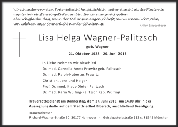 Anzeige von Lisa Helga Wagner-Palitzsch von Schwäbische Zeitung