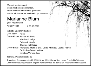 Anzeige von Marianne Blum von Schwäbische Zeitung