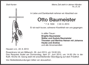 Anzeige von Otto Baumeister von Schwäbische Zeitung