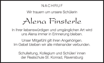 Anzeige von Alena Finsterle von Schwäbische Zeitung
