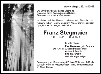 Anzeige von Franz Stegmaier von Schwäbische Zeitung