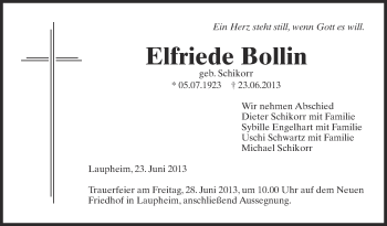 Anzeige von Elfriede Bollin von Schwäbische Zeitung