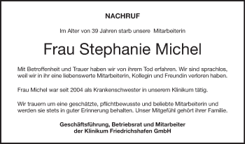 Anzeige von Stephanie Michel von Schwäbische Zeitung