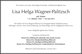 Anzeige von Lisa Helga Wagner-Palitzsch von Schwäbische Zeitung