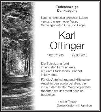 Anzeige von Karl Offinger von Schwäbische Zeitung