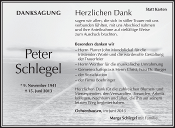 Anzeige von Peter Schlegel von Schwäbische Zeitung