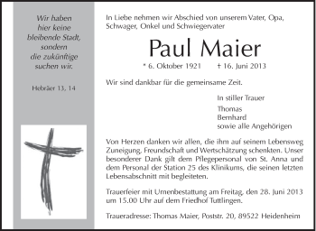 Anzeige von Paul Maier von Schwäbische Zeitung