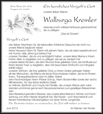 Anzeige von Walburga Kremler von Schwäbische Zeitung