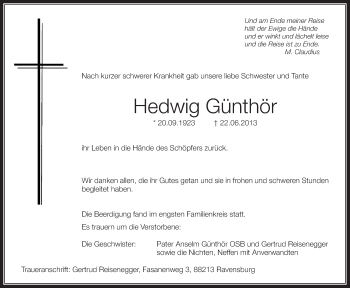 Anzeige von Hedwig Günthör von Schwäbische Zeitung