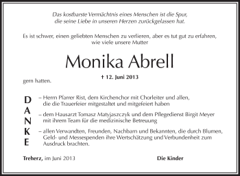 Anzeige von Monika Abrell von Schwäbische Zeitung