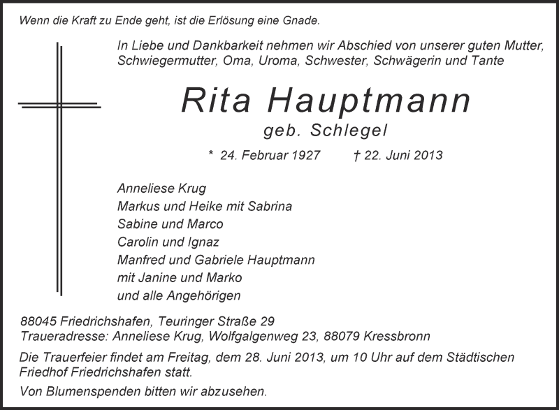  Traueranzeige für Rita Hauptmann vom 26.06.2013 aus Schwäbische Zeitung