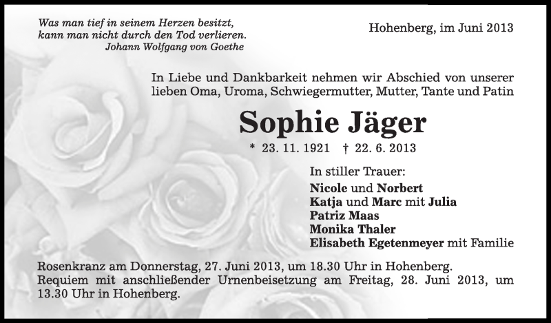  Traueranzeige für Sophie Jäger vom 26.06.2013 aus Schwäbische Zeitung