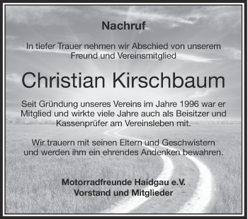 Anzeige von Christian Kirschbaum von Schwäbische Zeitung