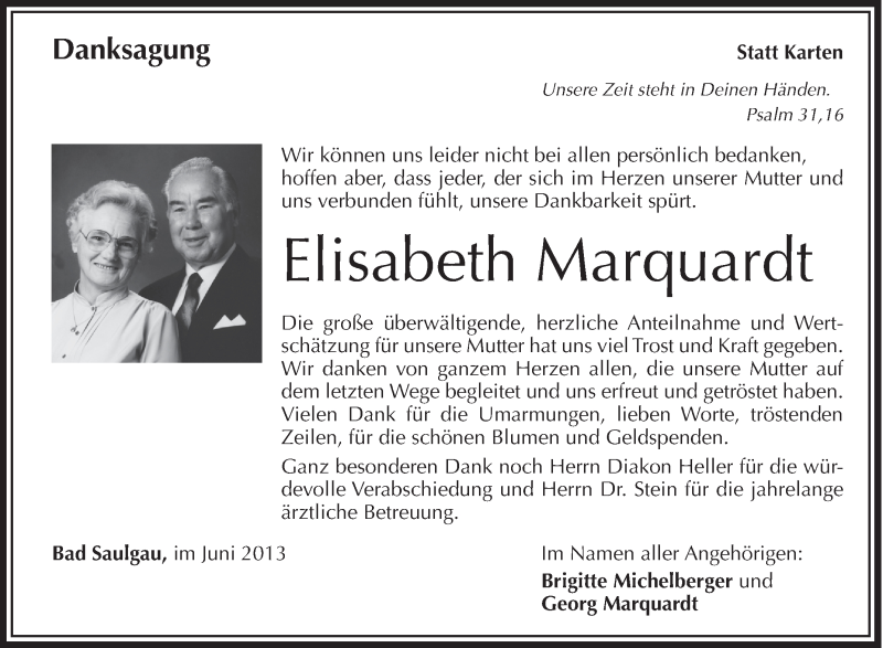  Traueranzeige für Elisabeth Marquardt vom 29.06.2013 aus Schwäbische Zeitung