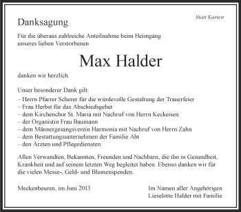 Anzeige von Max Halder von Schwäbische Zeitung