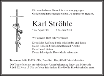 Anzeige von Karl Ströhle von Schwäbische Zeitung